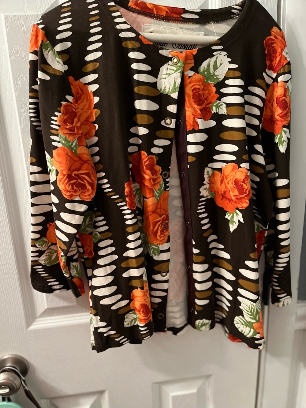 Onque Casuals Brown background with Orange Rose Print Sz L